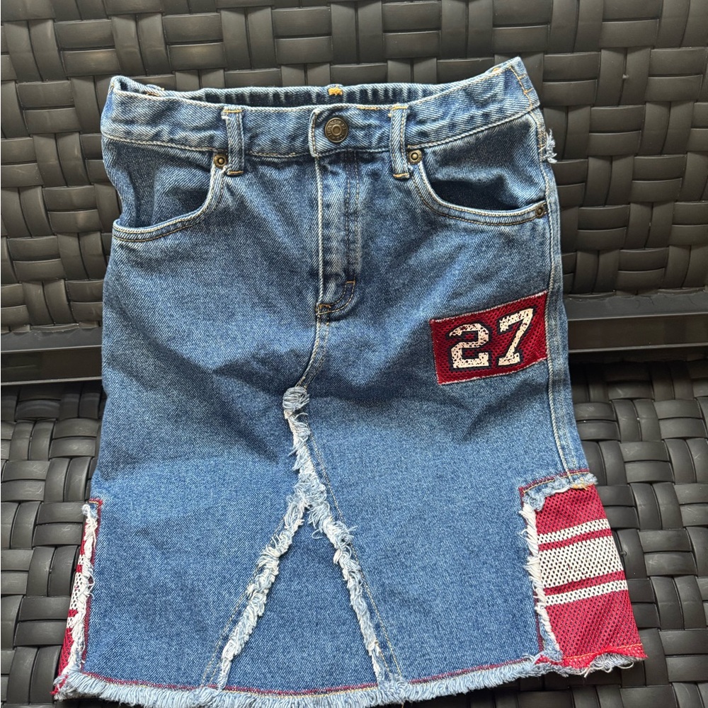 Jean Skirt 4th of July Red and White America Patch United States kids 6x/7 cute